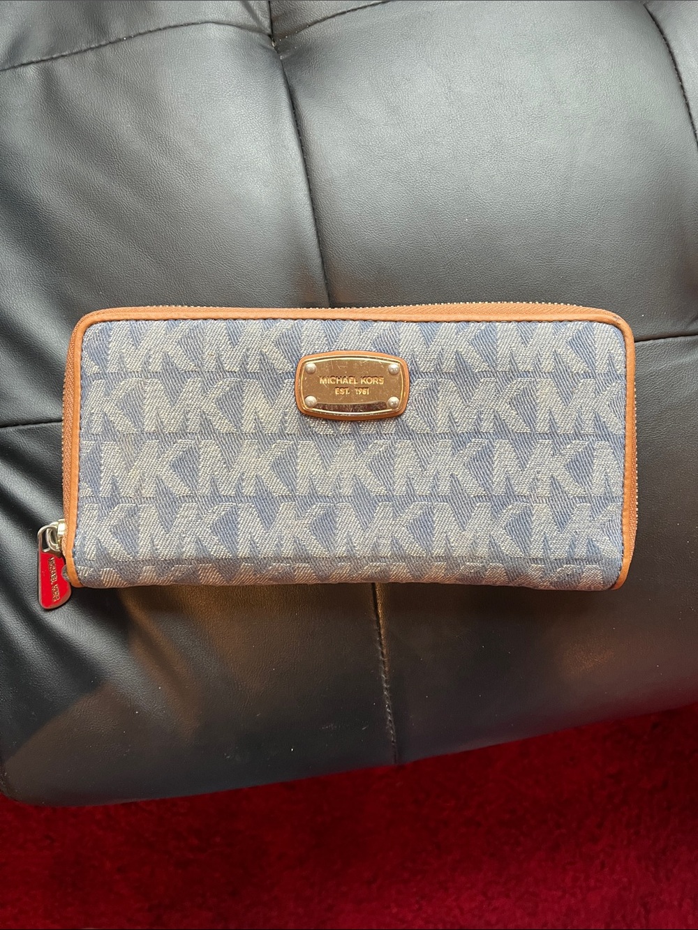 Michael Kors Blue MK Logo Zip Wallet with Brown Trim
